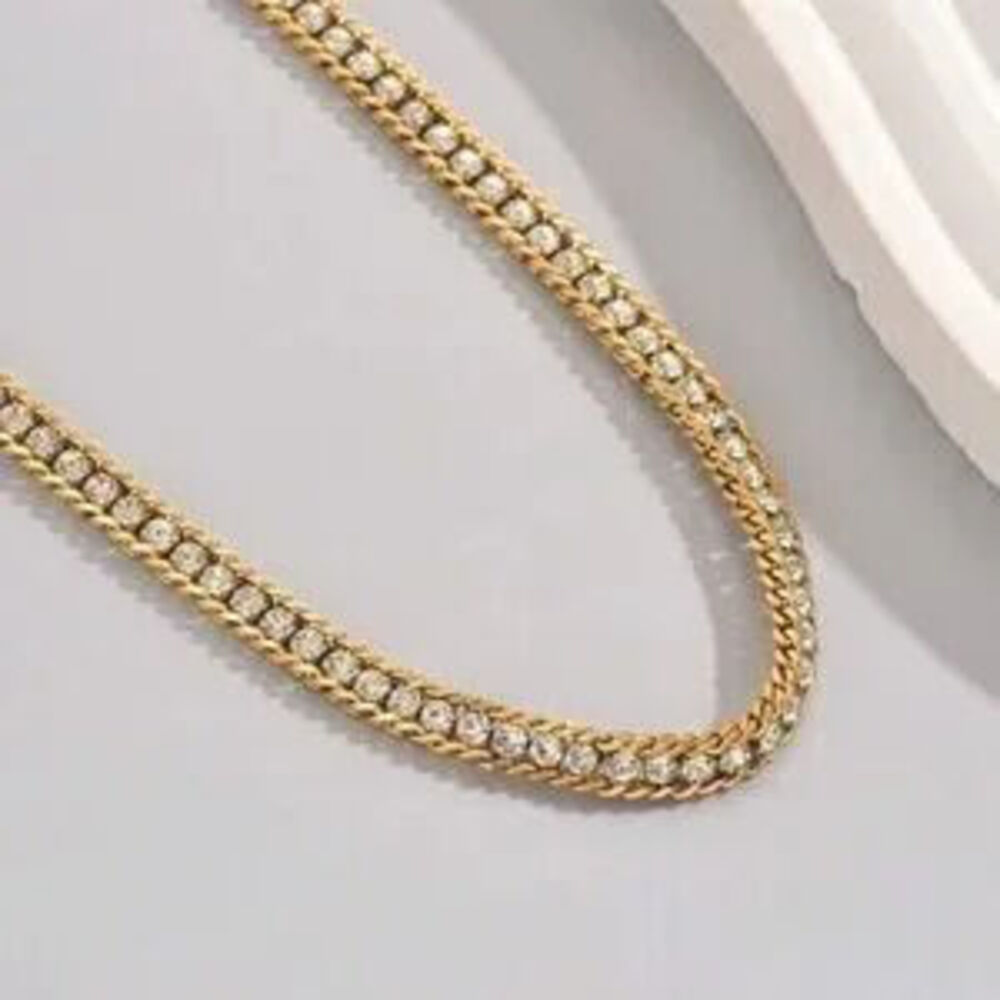 Gold Stainless Steel CZ Tennis Chain Necklace Cuban Link Diamond Look Dainty